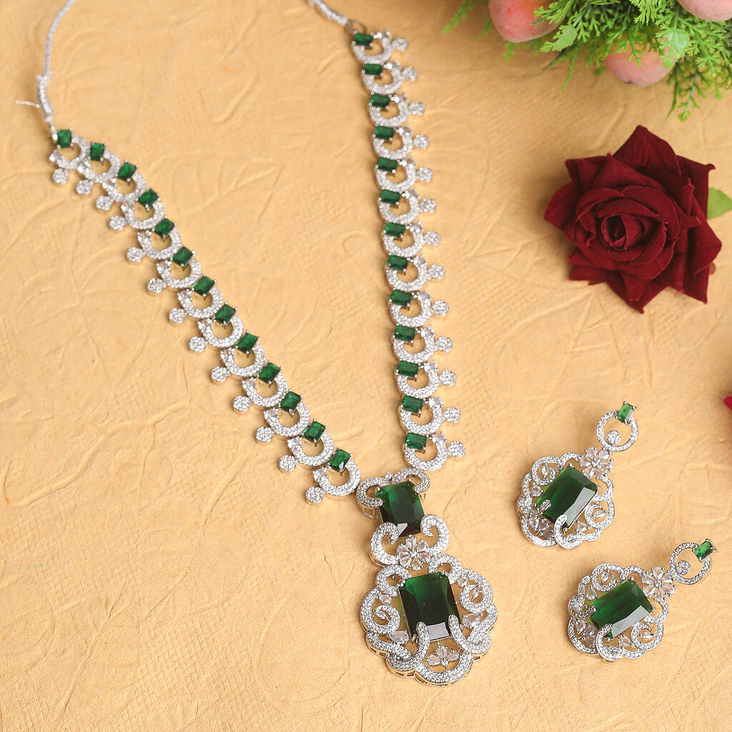 Nita Ambani inspired Green Zirconium Faux Diamond Necklace Set Silver Necklace Set Necklace Set cz zircon wedding jewelry Royal look