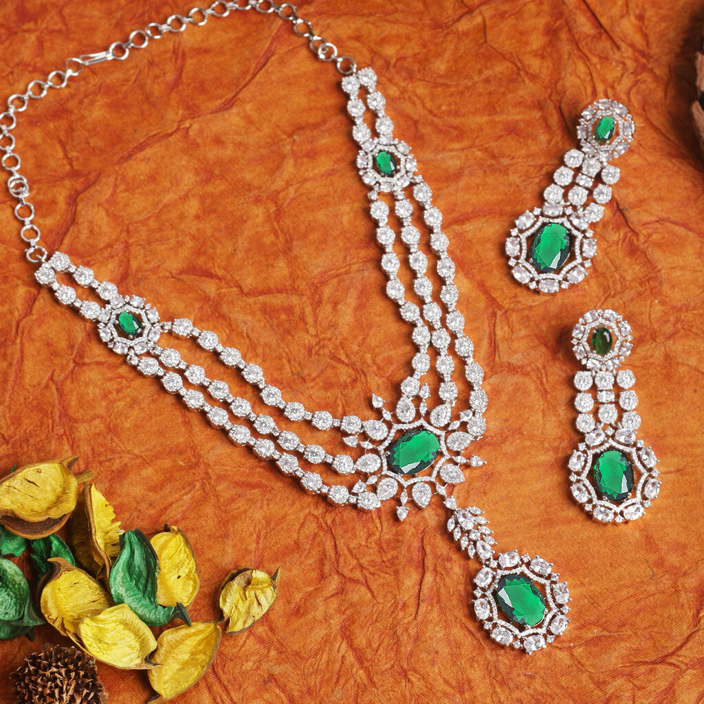 White Finish Zircon & Green Onyx Necklace Set