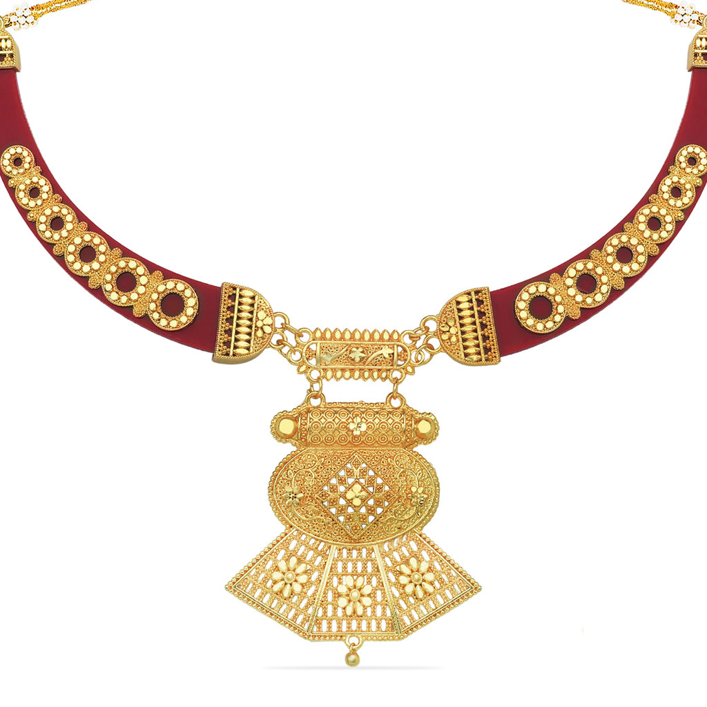 Traditional Marron Colour Pola Temple Gold Set