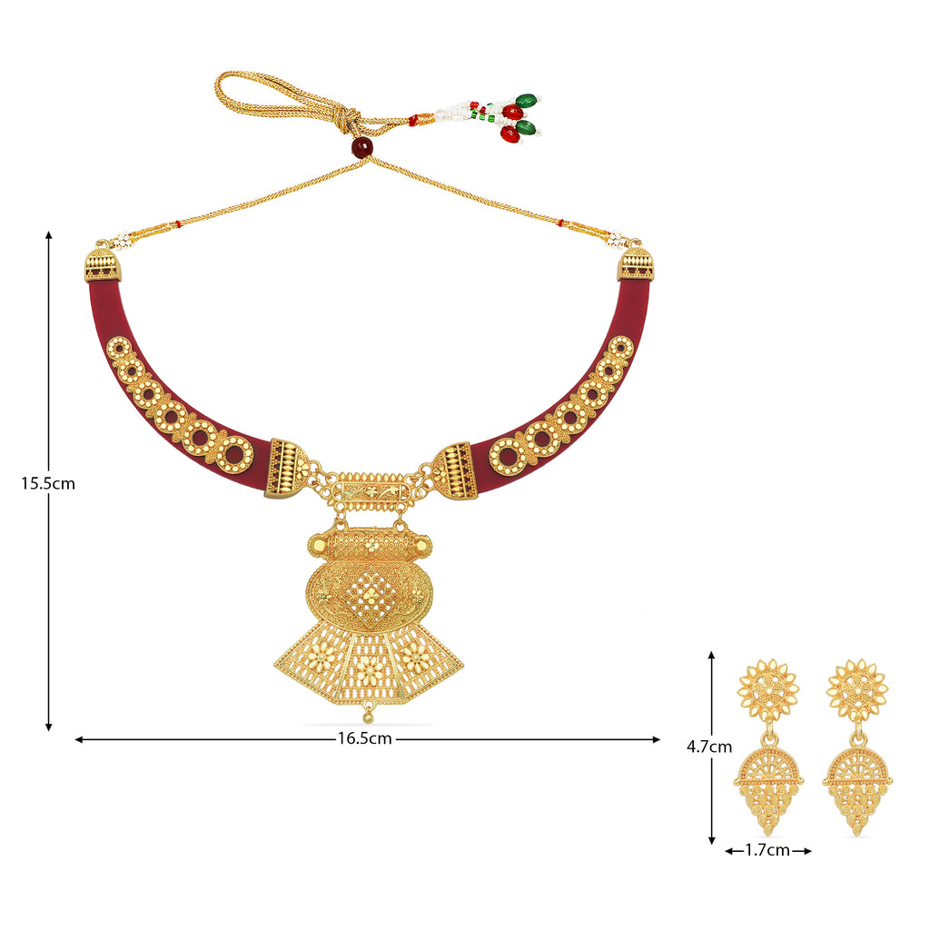 Traditional Marron Colour Pola Temple Gold Set