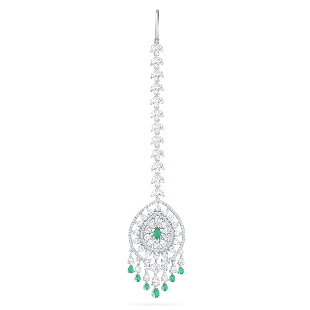 CZ Elegance Green and White Gems Maang Tika