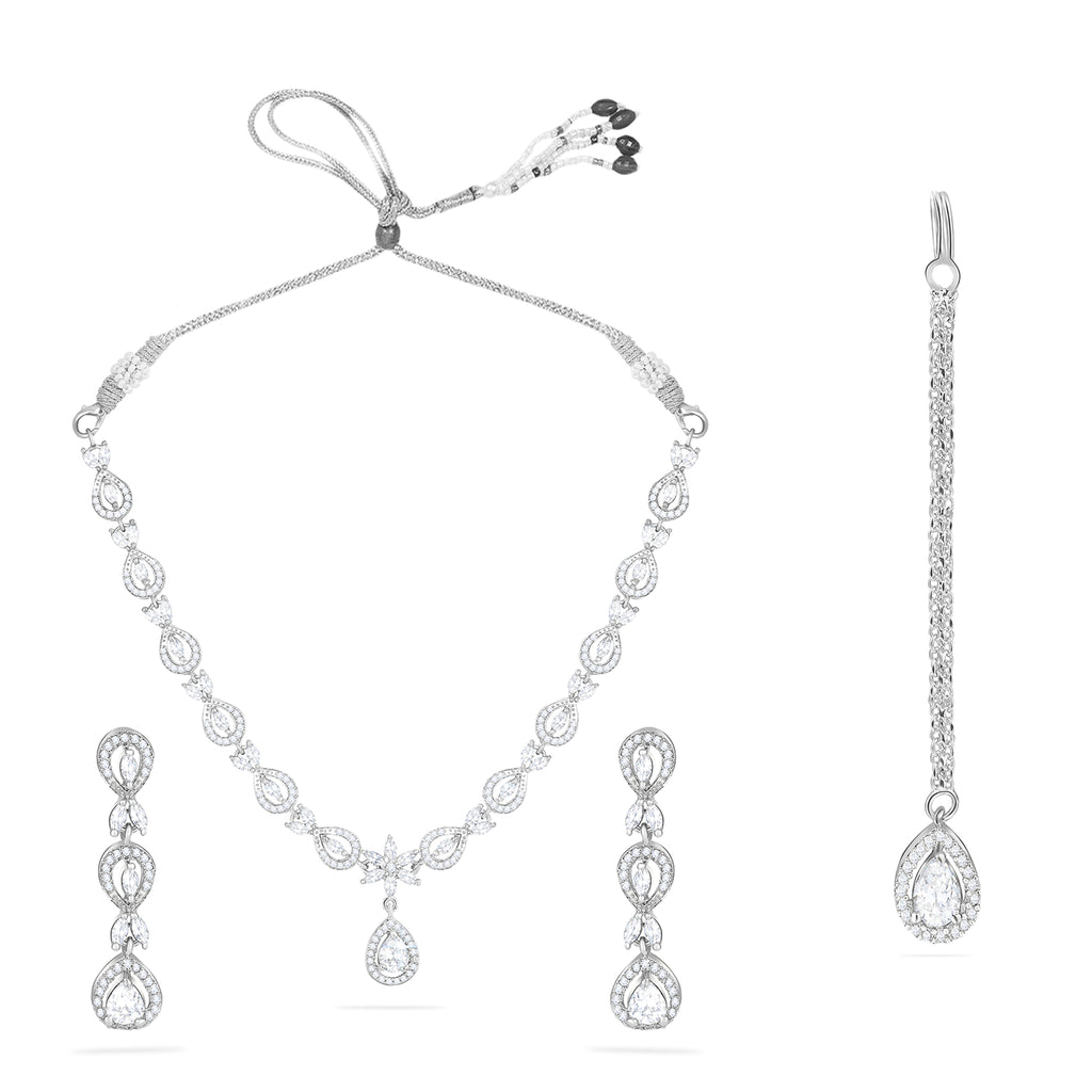 Rhodium Plated CZ Sparkling Drop Designer Necklace Set with Mangtika