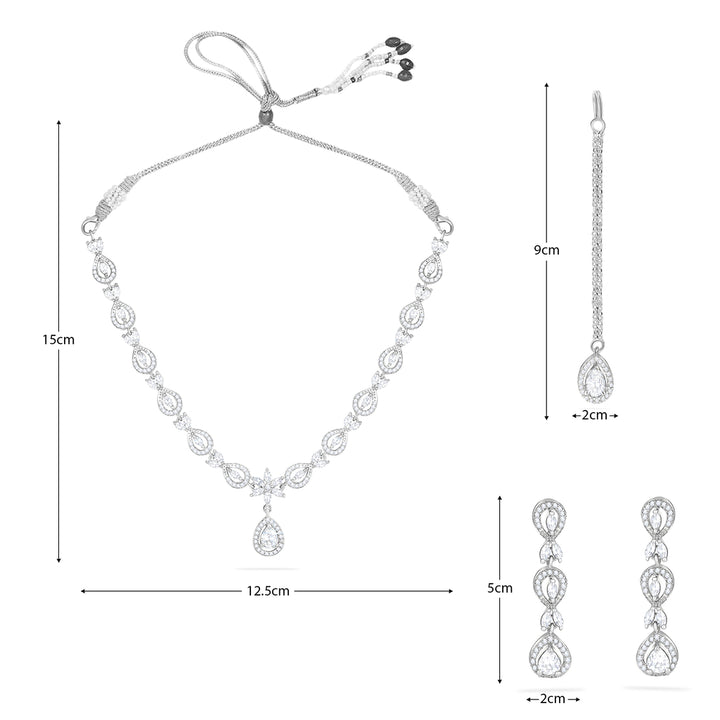 Rhodium Plated CZ Sparkling Drop Designer Necklace Set with Mangtika