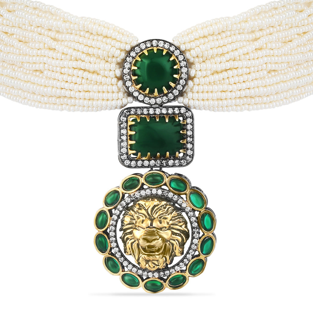 Exclusive Uncut Emerald Lion Broch Choker Set by TANAIRA