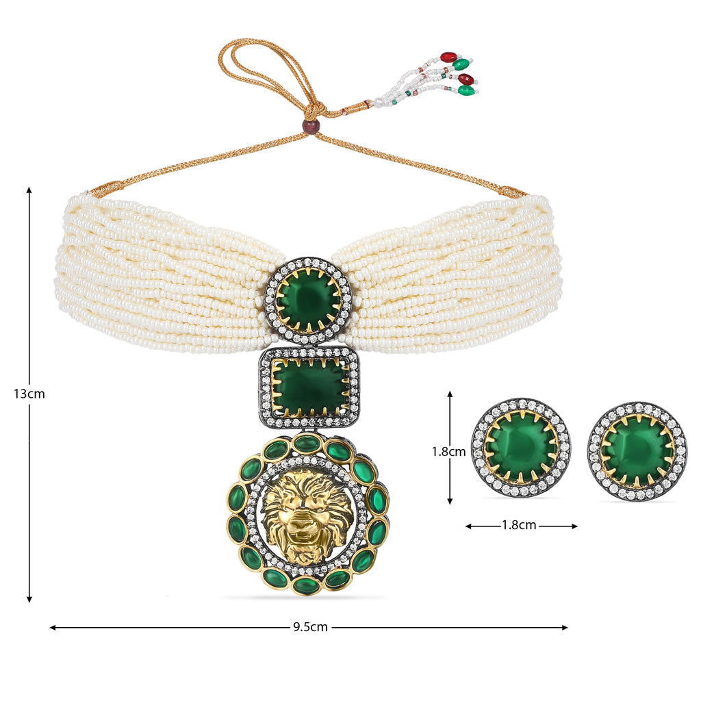 Exclusive Uncut Emerald Lion Broch Choker Set by TANAIRA