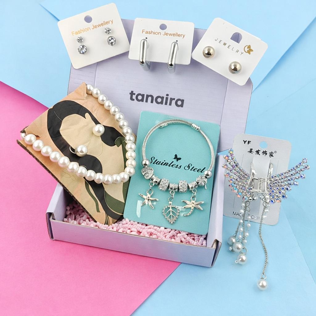 Jewellery Gift Hamper Set for Women & Girls | Pearl Necklace Bracelet Earrings Combo with AD Studded Drops