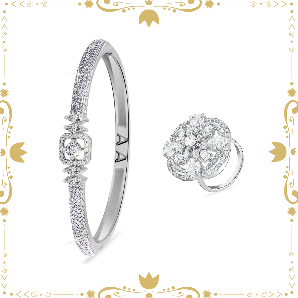 AD Zirconia Bracelet with Silver-Plated AD Studded Ring