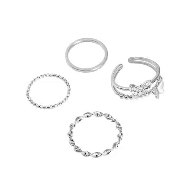 Silver Stacking Ring Set for Women – 5-Piece Minimalist Rings with Butterfly, Twist & Beaded Designs