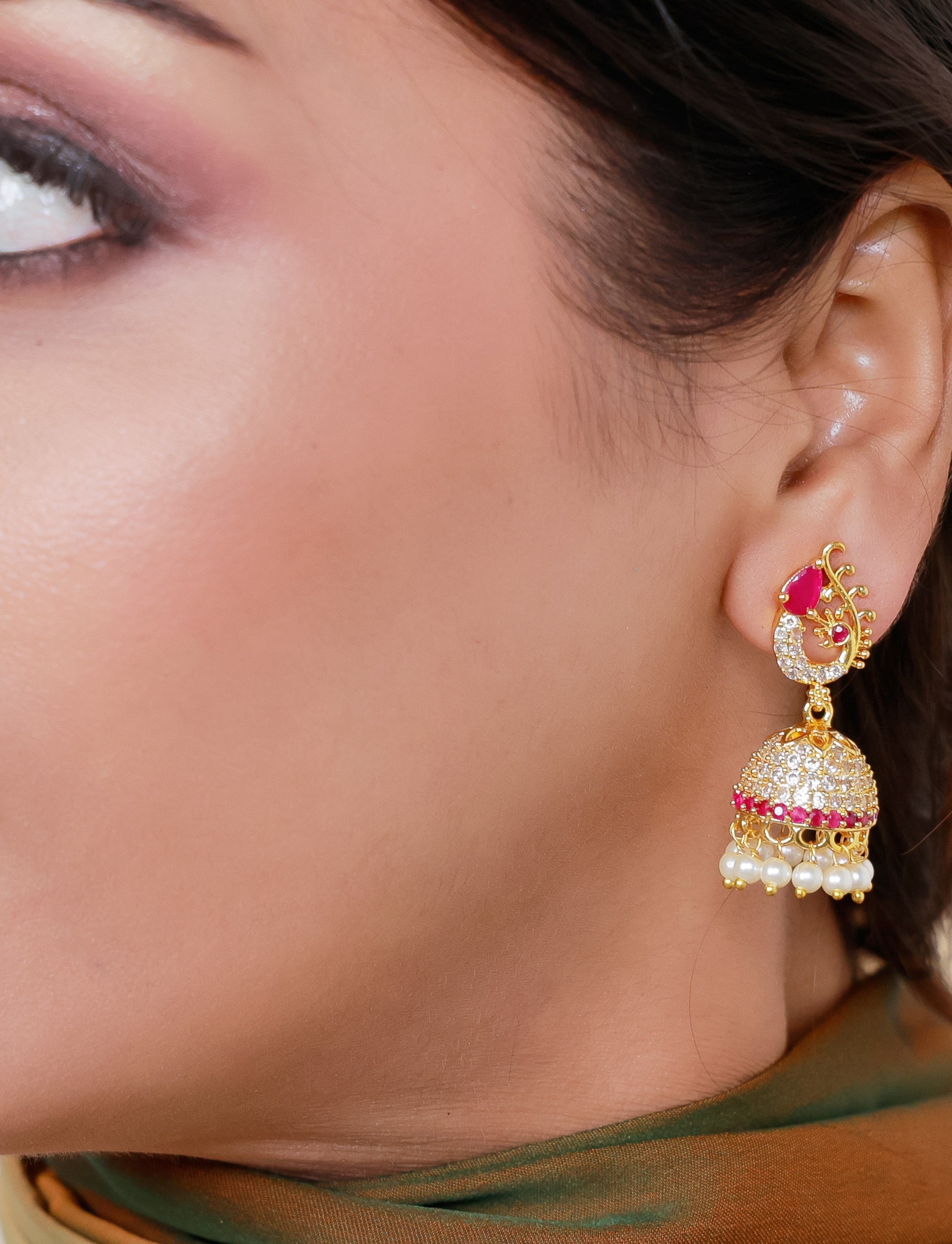 Gold Plated Pink Stone Jhumka Earrings with Pearls & AD Crystals – Traditional Indian Jewelry