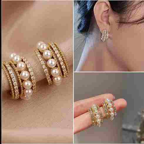 Triple Layer Gold Pearl Hoop Earrings