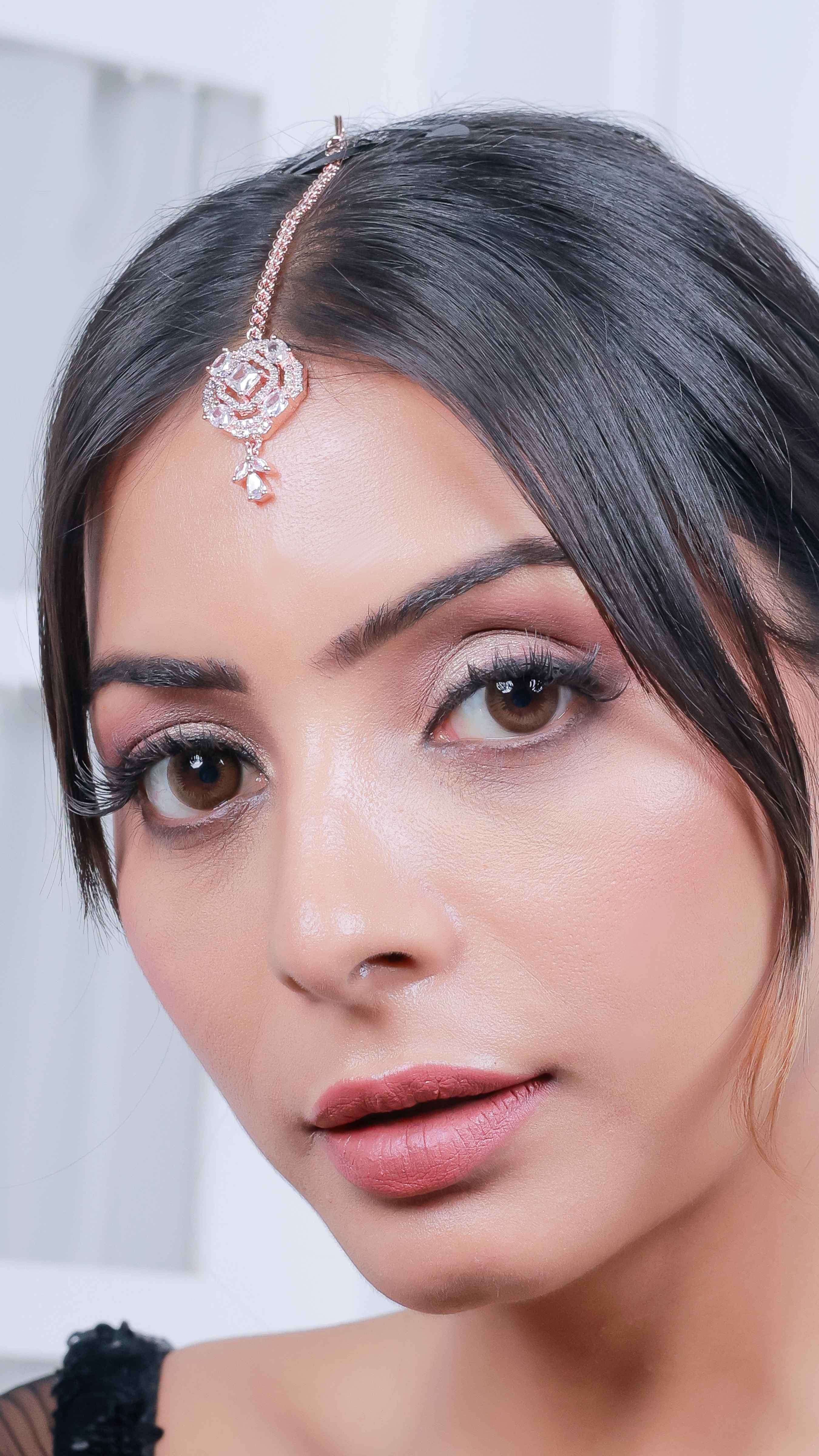 American Diamond Rose Gold Plated Floral Maang Tikka