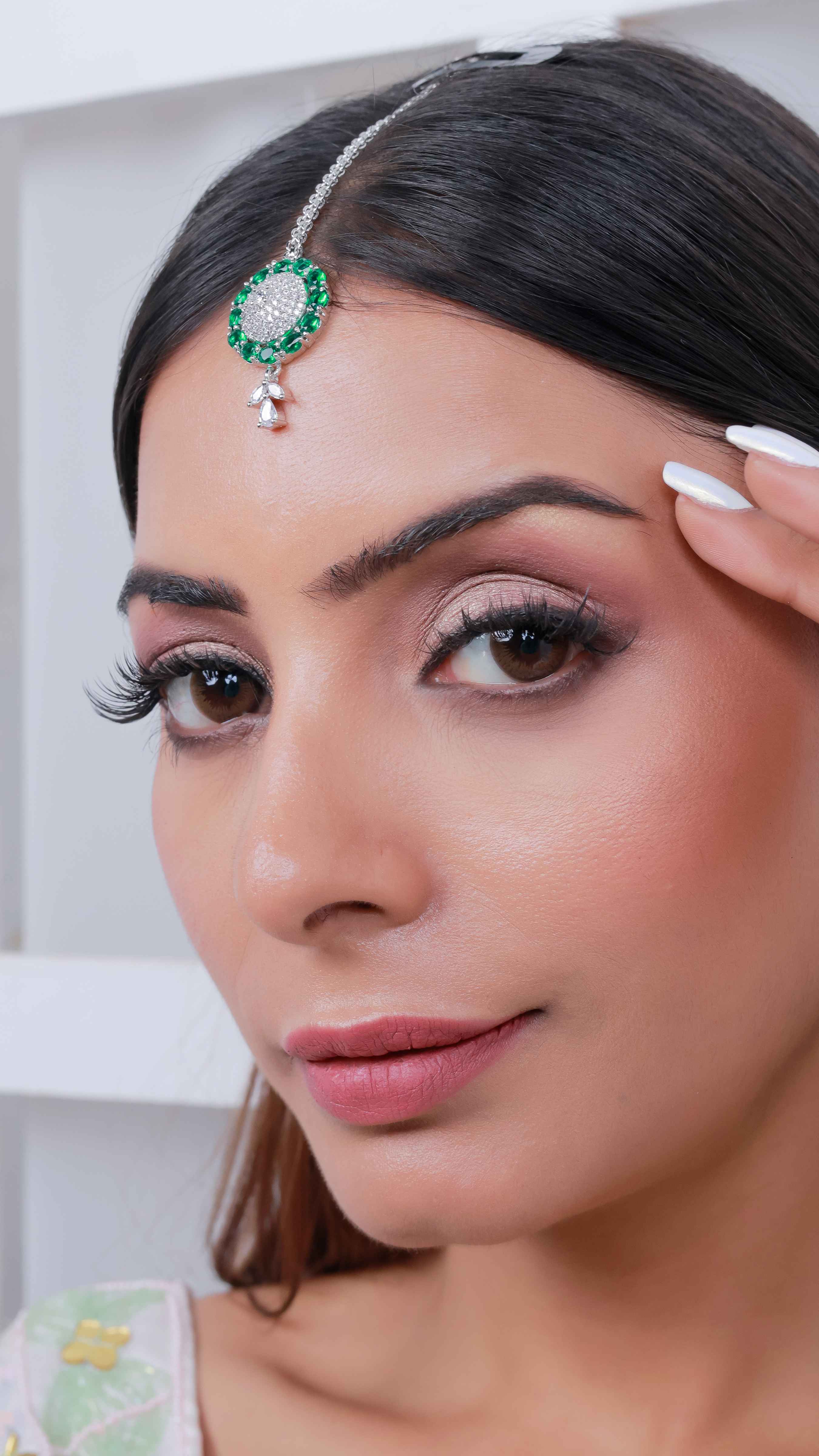 Silver Plated Green American Diamond Maangtika – Bridal & Festive Forehead Jewelry
