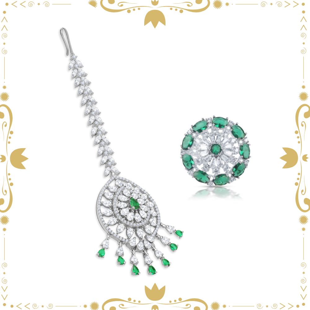 Rhodium Plated CZ Emerald Ring & Green-White Gems Maang Tika