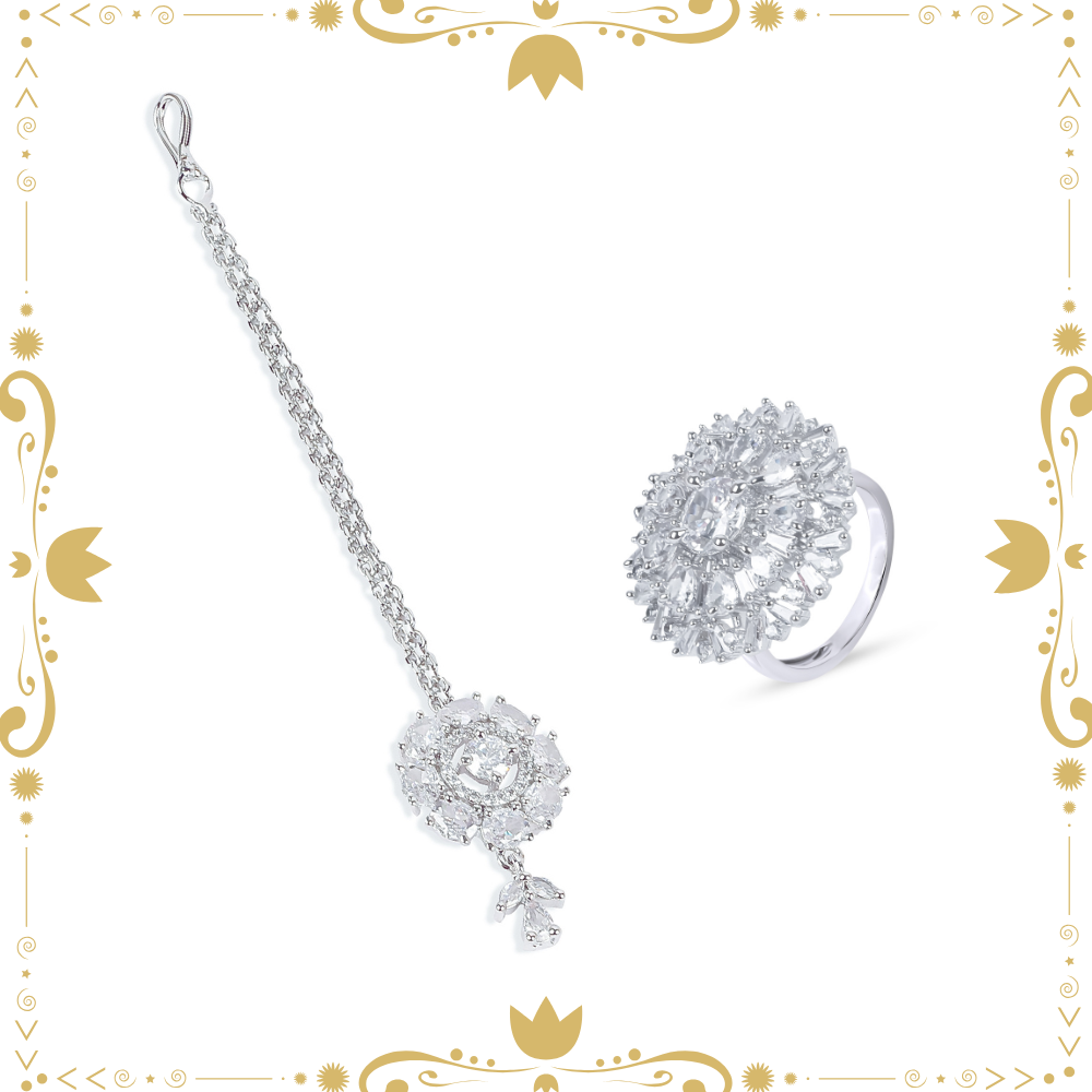 Silver-Plated AD Studded Finger Ring + Silver to White American Diamond Maang Tika