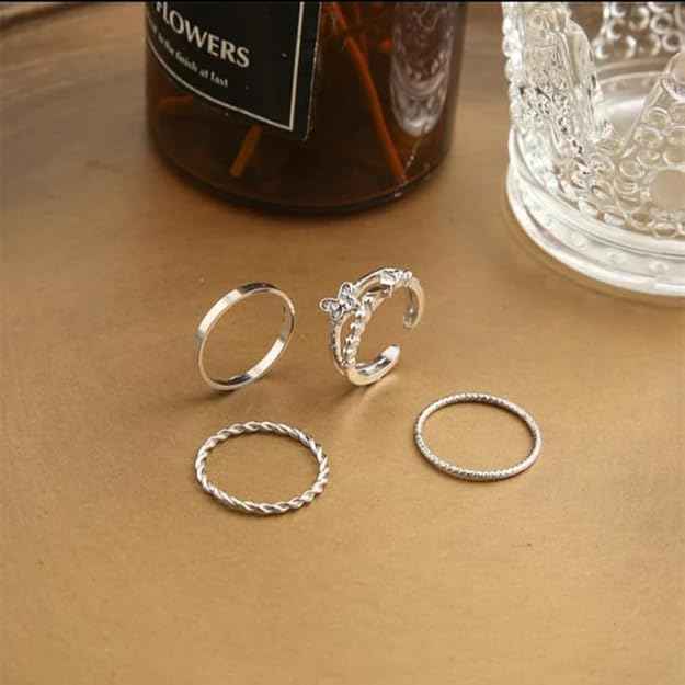 Silver Stacking Ring Set for Women – 5-Piece Minimalist Rings with Butterfly, Twist & Beaded Designs