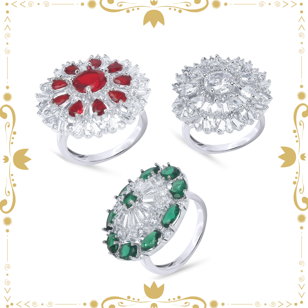 Elegant Ruby CZ Flower Ring + Rhodium Plated Emerald Green Ring + Silver-Plated AD Studded Ring