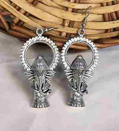 Oxidized Silver Ganesh Dangle Earrings