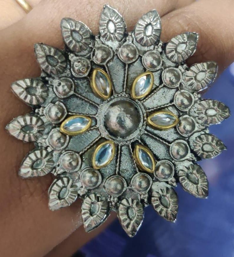 Black Vintage Replica Silver Oxidised Flower Ring