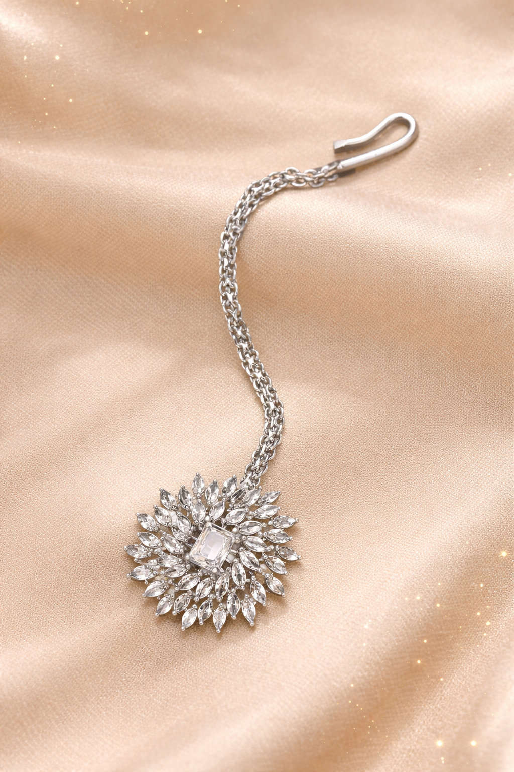 silver plated crystal sunburst maang tikka for women floral design bridal forehead jewellery with central stone wedding festive traditional hair accessory India