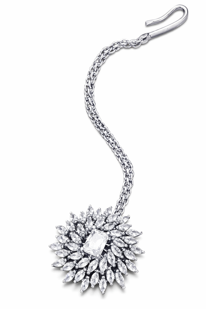 floral crystal maang tikka silver plated bridal forehead jewellery for women sunburst design traditional wedding festive hair accessory India