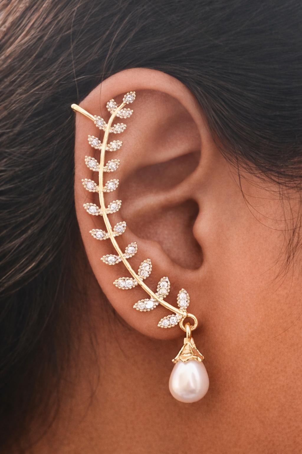 Leaf Design Ear Cuff Earrings with Pearl Drop Gold Finish AD Stone Studded Jewellery for Women