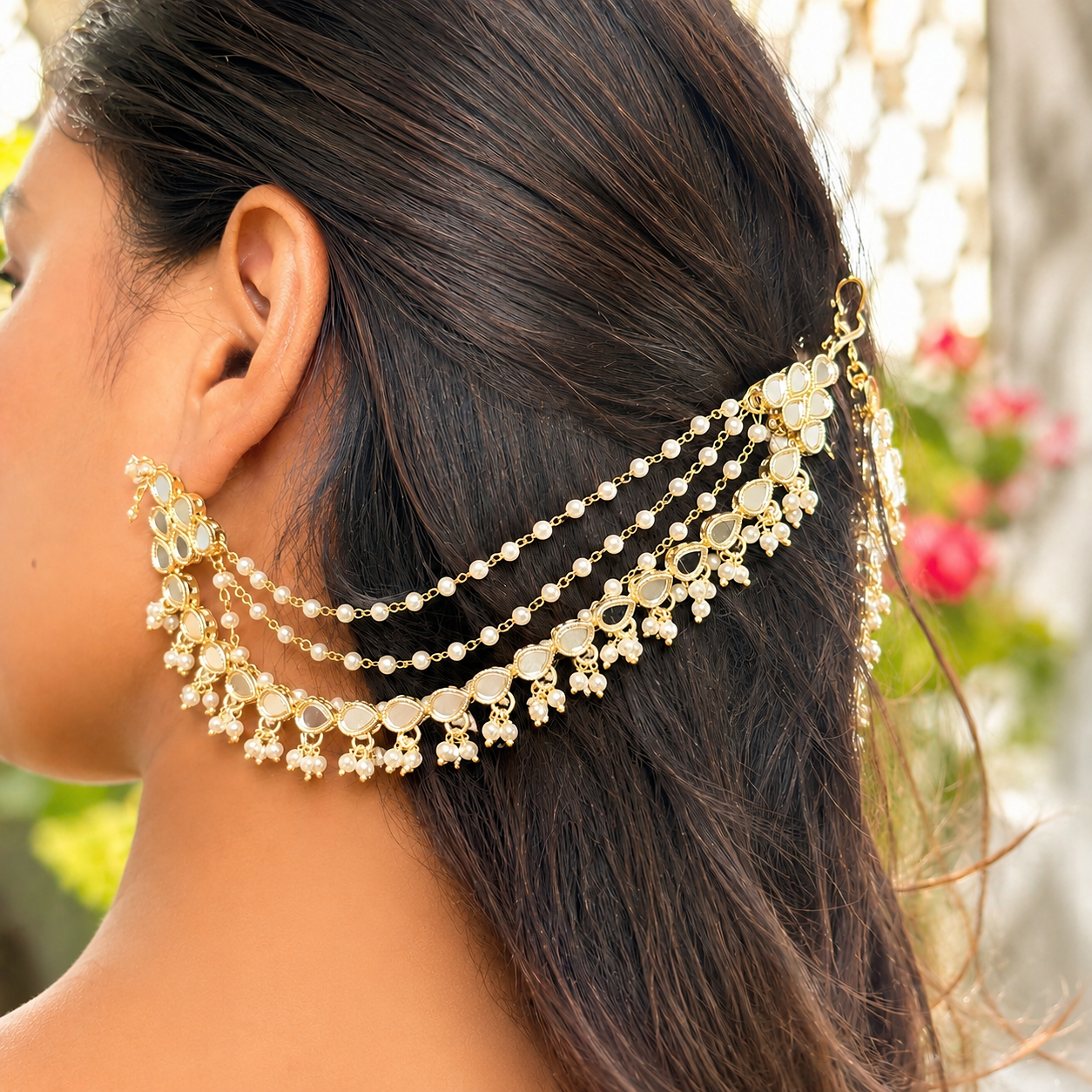 Traditional Kundan Indian Gold-Tone Ear Chain