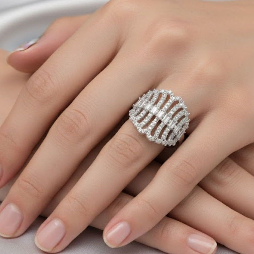 Skeleton Cage Statement Ring | Silver-Tone CZ Cocktail Ring - Tanaira