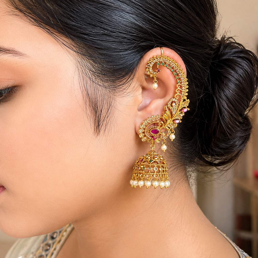 South Indian AD Ear Cuff Jhumka Earrings