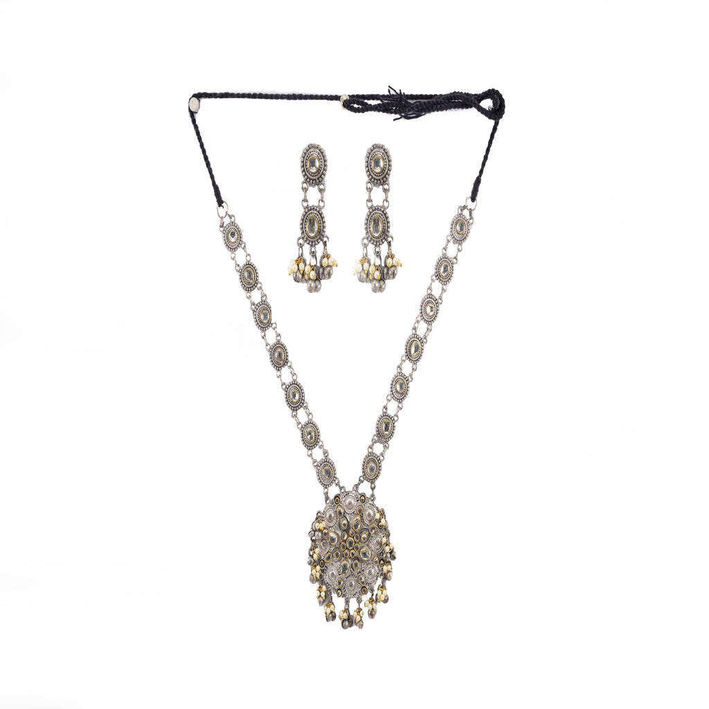 Oxidised Silver-Plated & White Kundan-Studded Jewellery Set