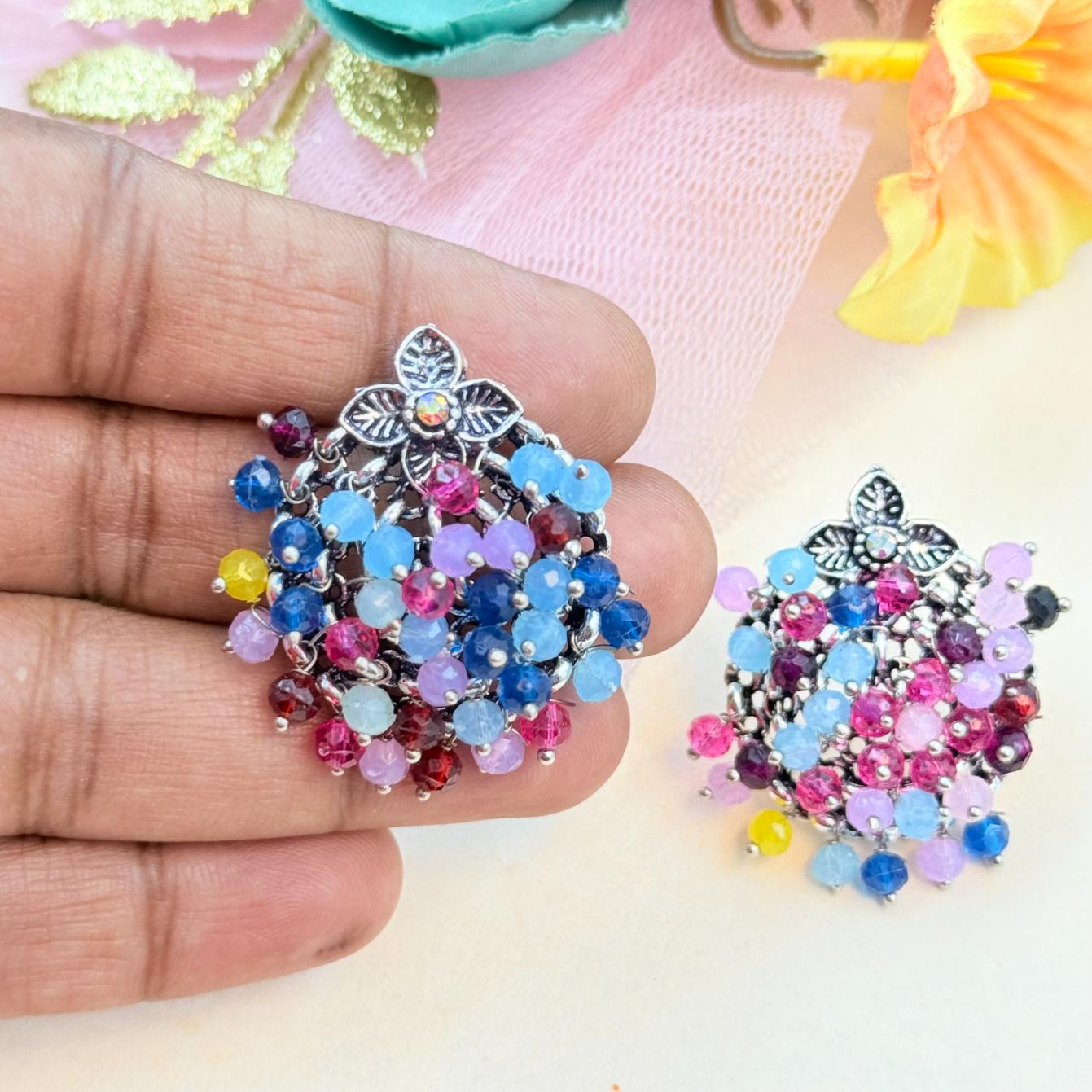 Colorful oxidised silver earrings with bead cluster detailing