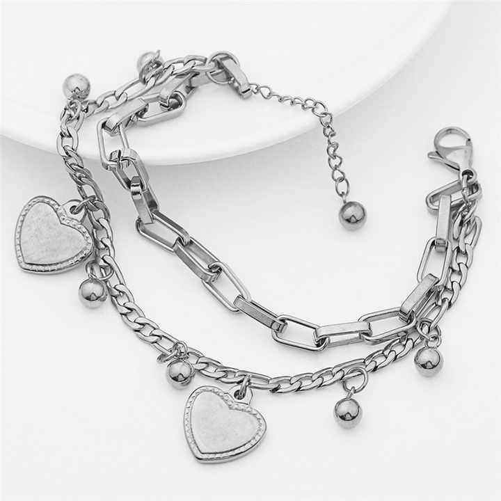 Silver Charm Heart Bracelet – Dual Chain Layered Love