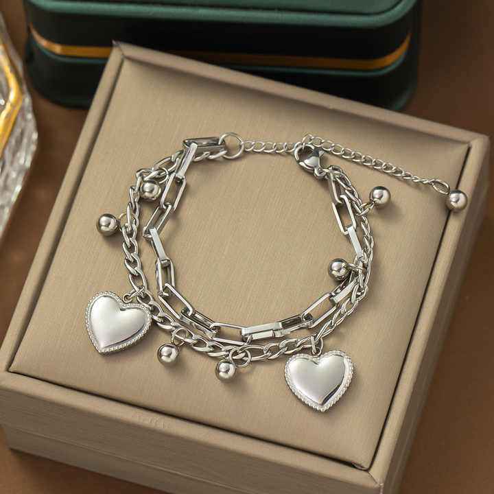 Silver Charm Heart Bracelet – Dual Chain Layered Love