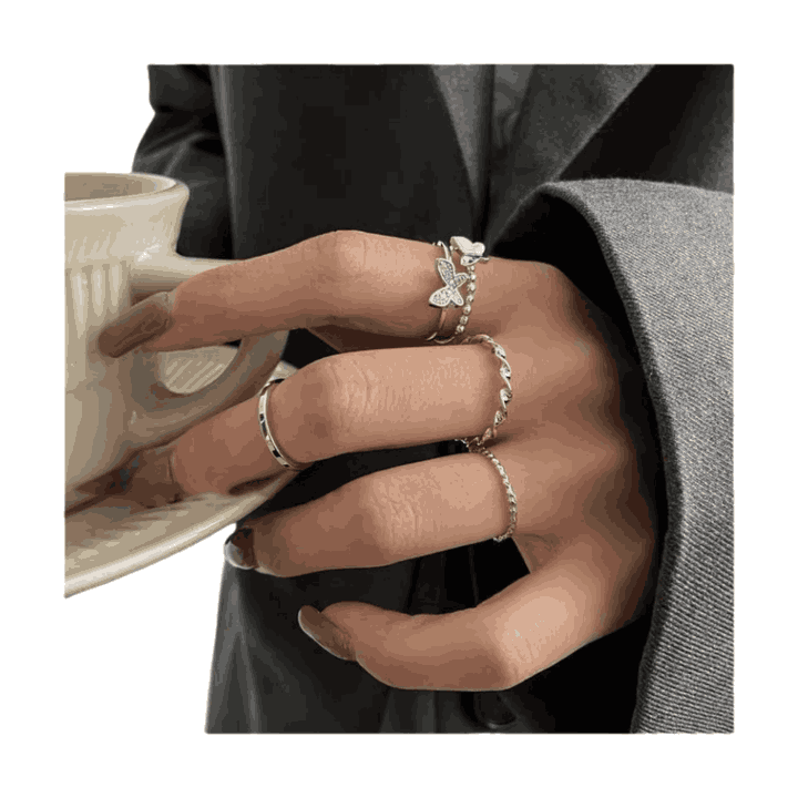 Silver Stacking Ring Set for Women – 5-Piece Minimalist Rings with Butterfly, Twist & Beaded Designs