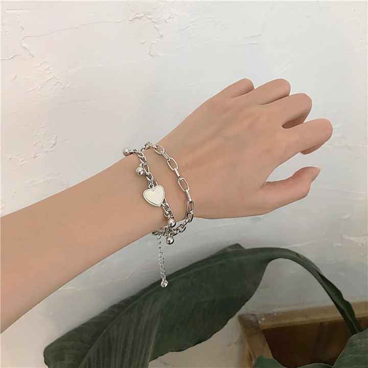Silver Charm Heart Bracelet – Dual Chain Layered Love