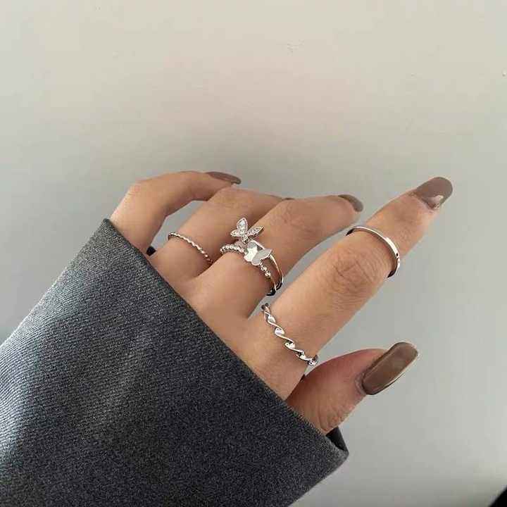 Silver Stacking Ring Set for Women – 5-Piece Minimalist Rings with Butterfly, Twist & Beaded Designs