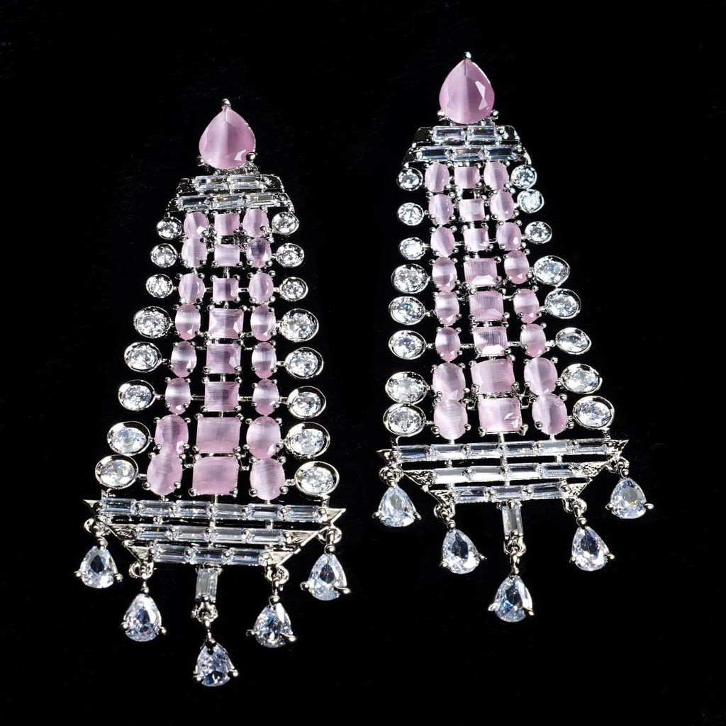 White Rhodium Baby Pink Finish Diamond Dangler Earrings