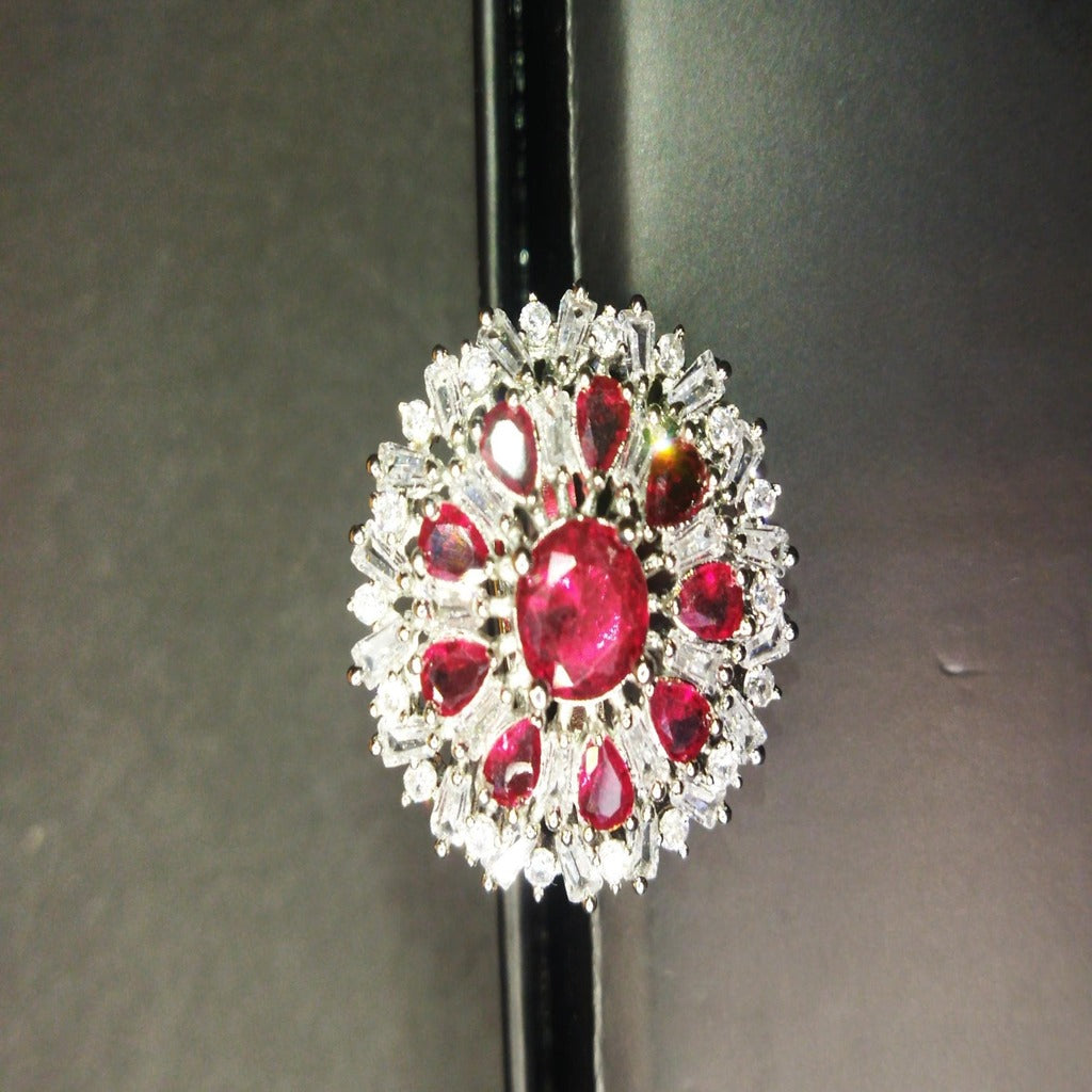 Elegant Ruby Cubic Zirconia Flower Design Silver Plated Ring