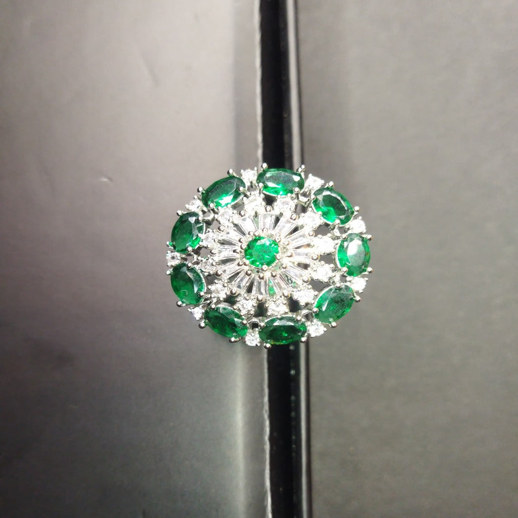 Rhodium Plated CZ Adjustable Classic Flower Shaped Emerald/ Green Finger Ring