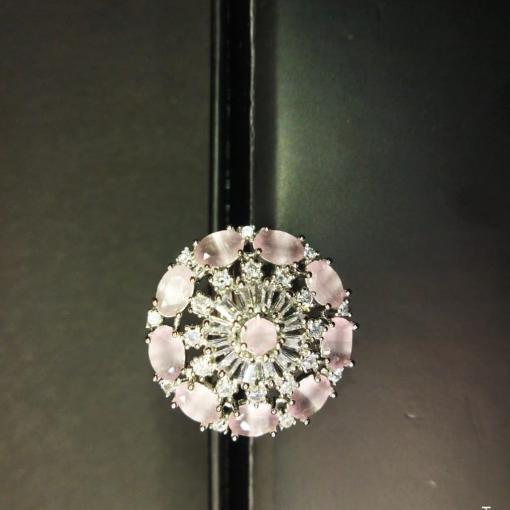 Baby Pink American Diamond Silver Plated Cocktail Ring