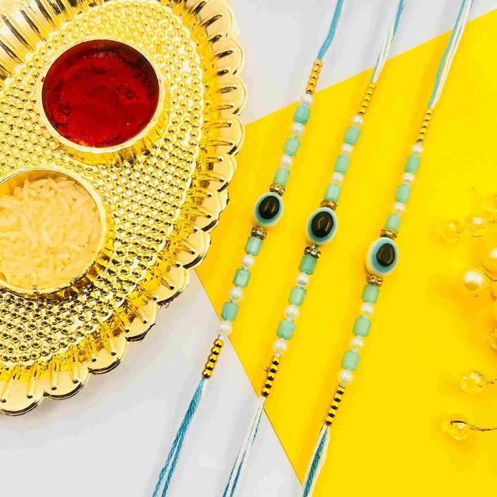 3 Pcs Blue Evil Eye Rakhi Set for Brother | Designer Handmade Rakhis with Roli Chawal & Gift Tray