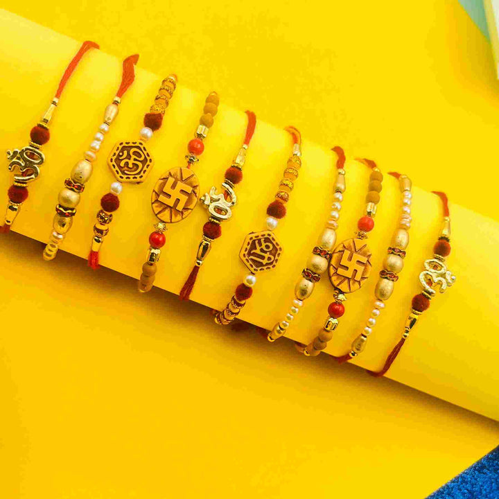 Set of 10 Premium Designer Rakhis for Brother – Om, Swastik, Rudraksha Rakhi with Roli Chawal & Gift Tray