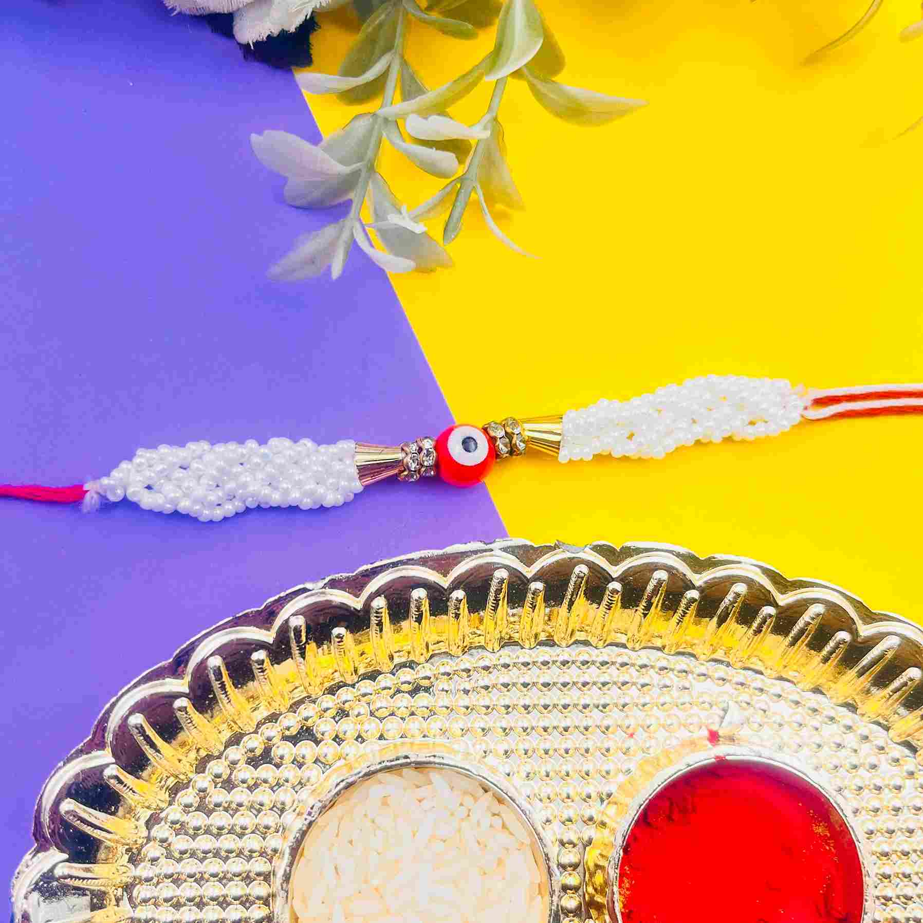 Handmade Evil Eye Rakhi with White Pearl Beads – Protective Rakhi Thread for Brother with Tilak Thali