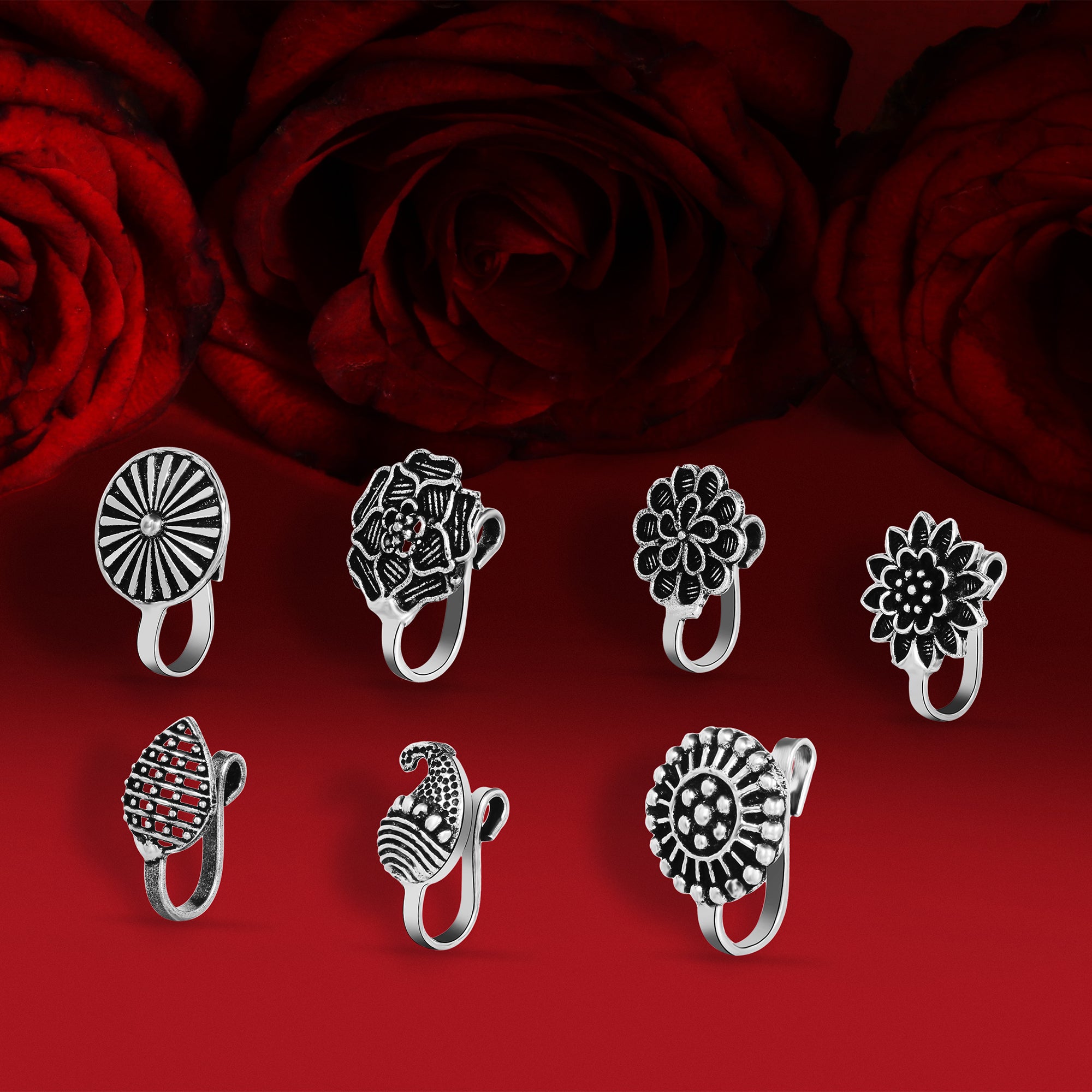 Silver Crochet Nose Pin (Clip On) Set of 7