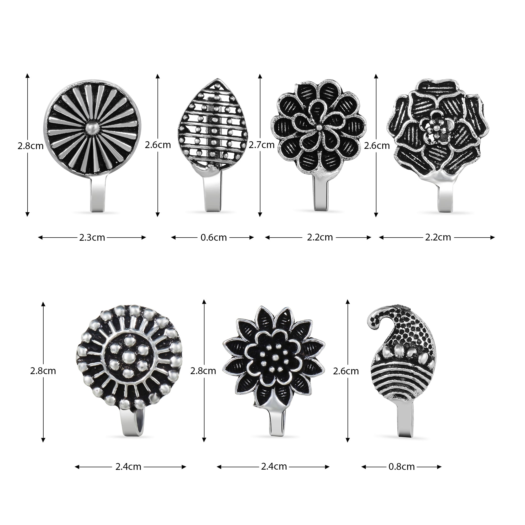 Silver Crochet Nose Pin (Clip On) Set of 7