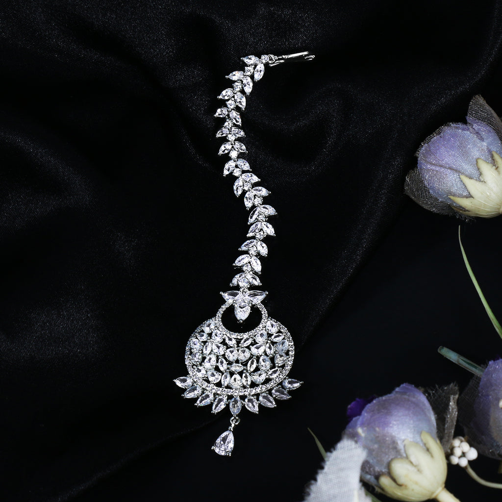 Wedding Luxurious Rhodium-Plated American Diamond Maang Tikka