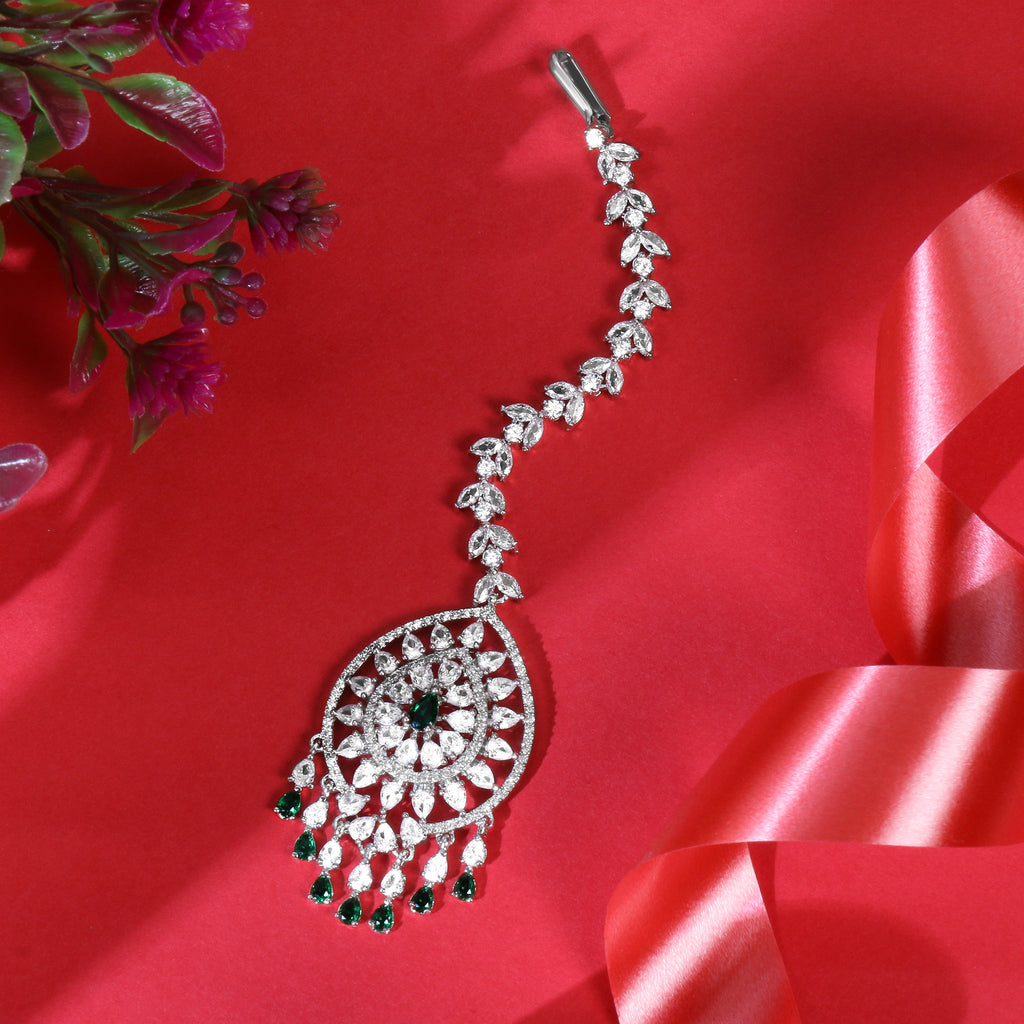 Rhodium Plated CZ Emerald Ring & Green-White Gems Maang Tika