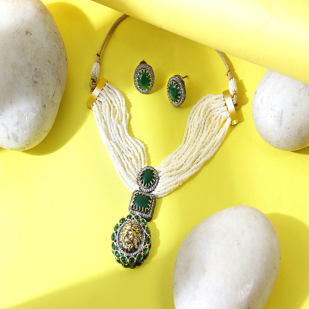 Exclusive Uncut Emerald Lion Broch Choker Set by TANAIRA