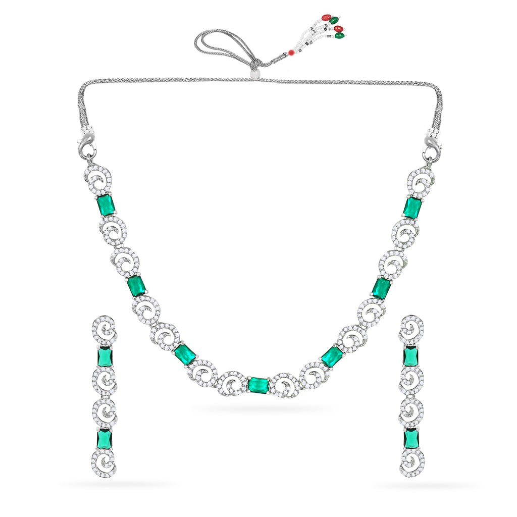 Silver Gleam Green AD Necklace Set