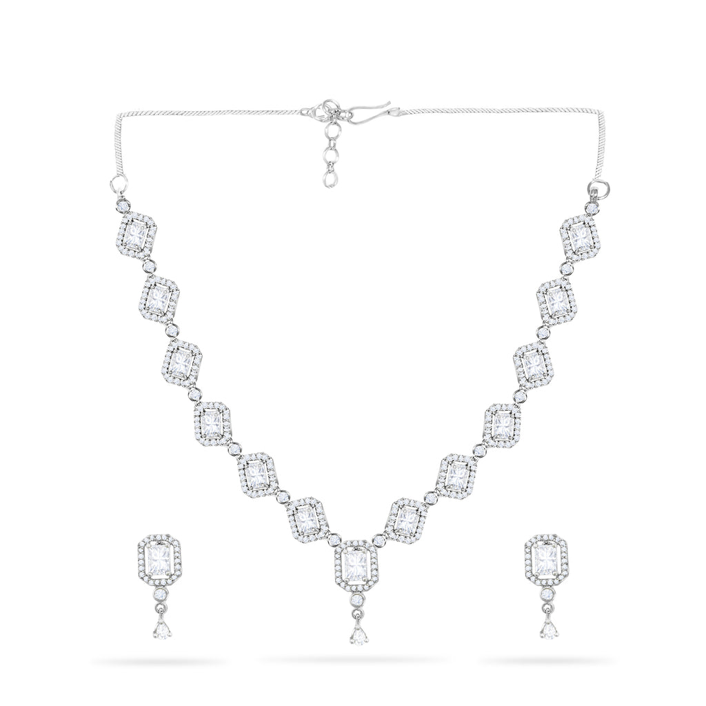 CZ Silver Plated Drop Gems Sparkling Elegance Necklace Set