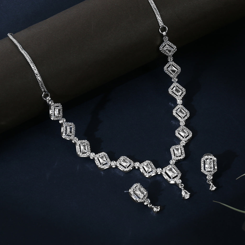 CZ Silver Plated Drop Gems Sparkling Elegance Necklace Set